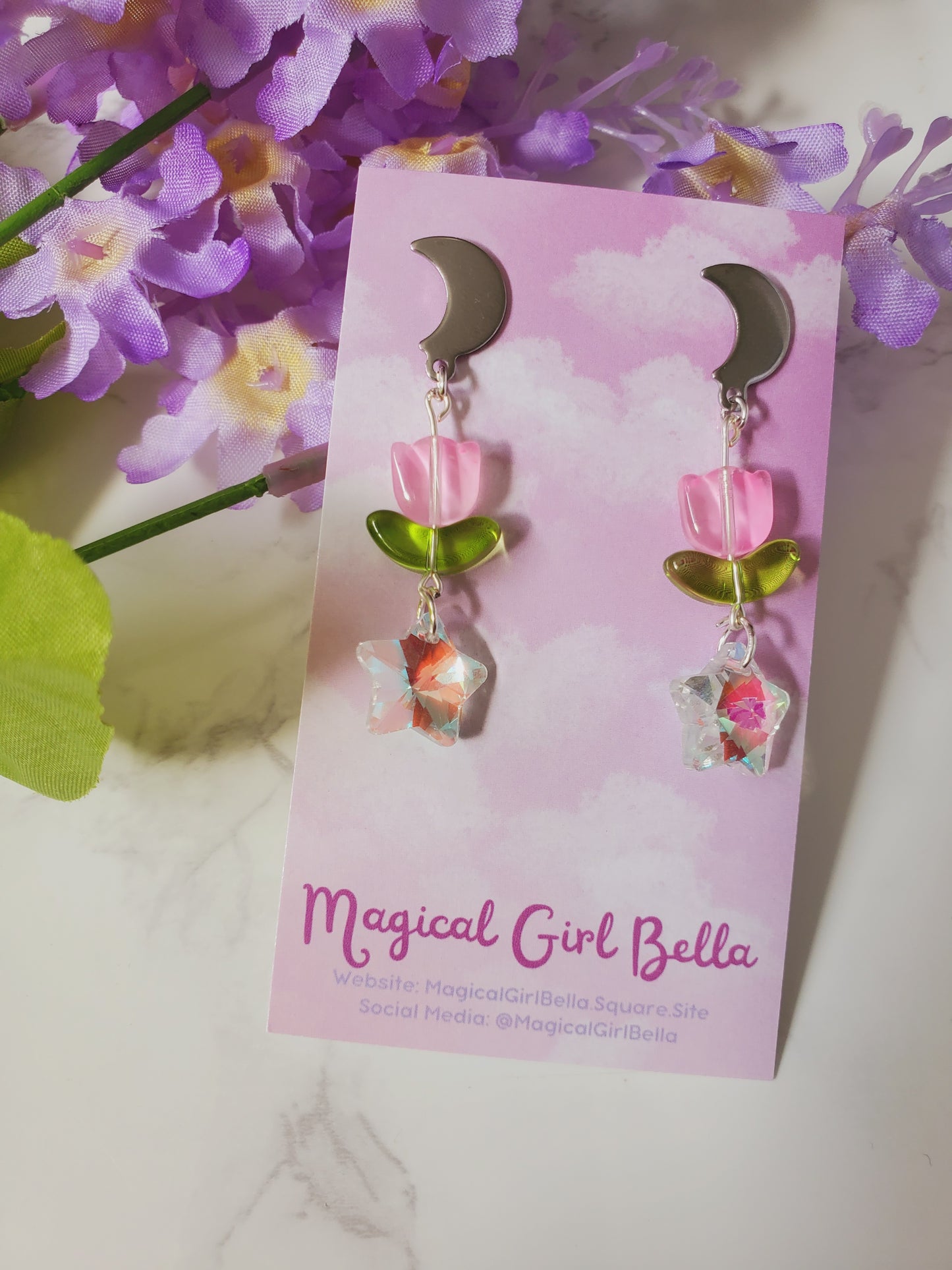 Pink Tulip Earrings- Silver Moon with Holo Stars