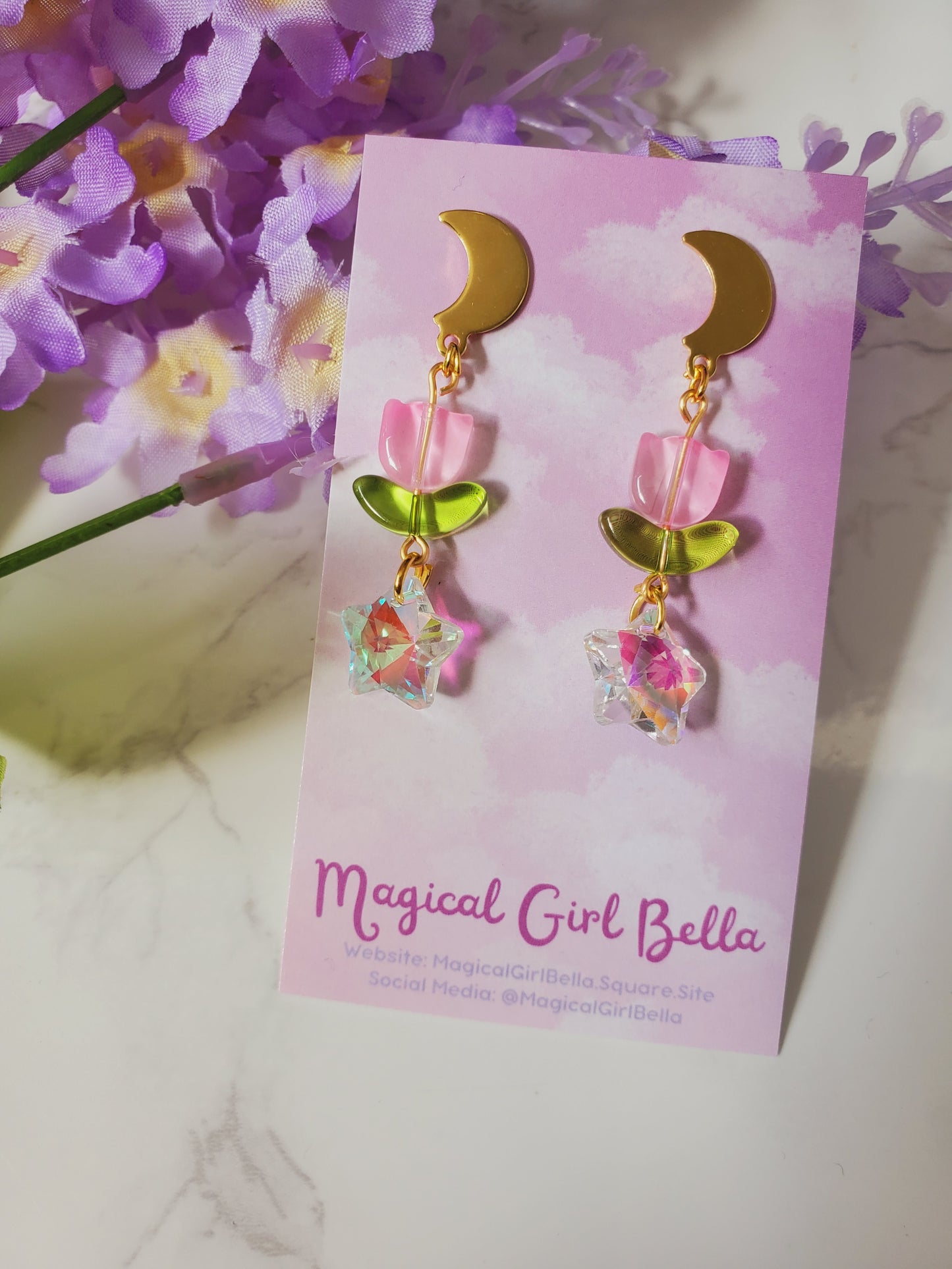Pink Tulip Earrings- Gold Moon with Holo Stars