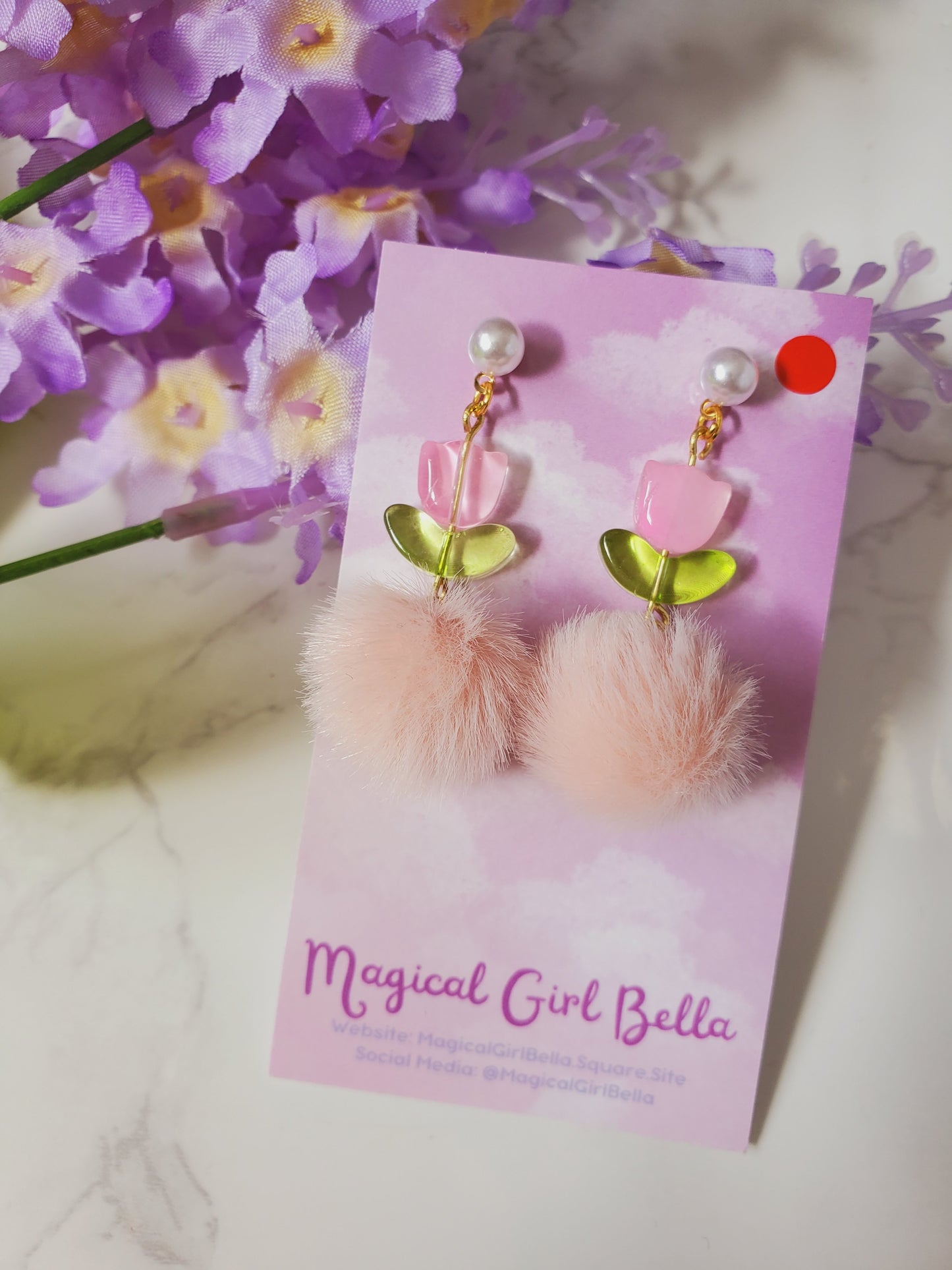 Pink Tulip Earrings- Pearl Studs with Pufff