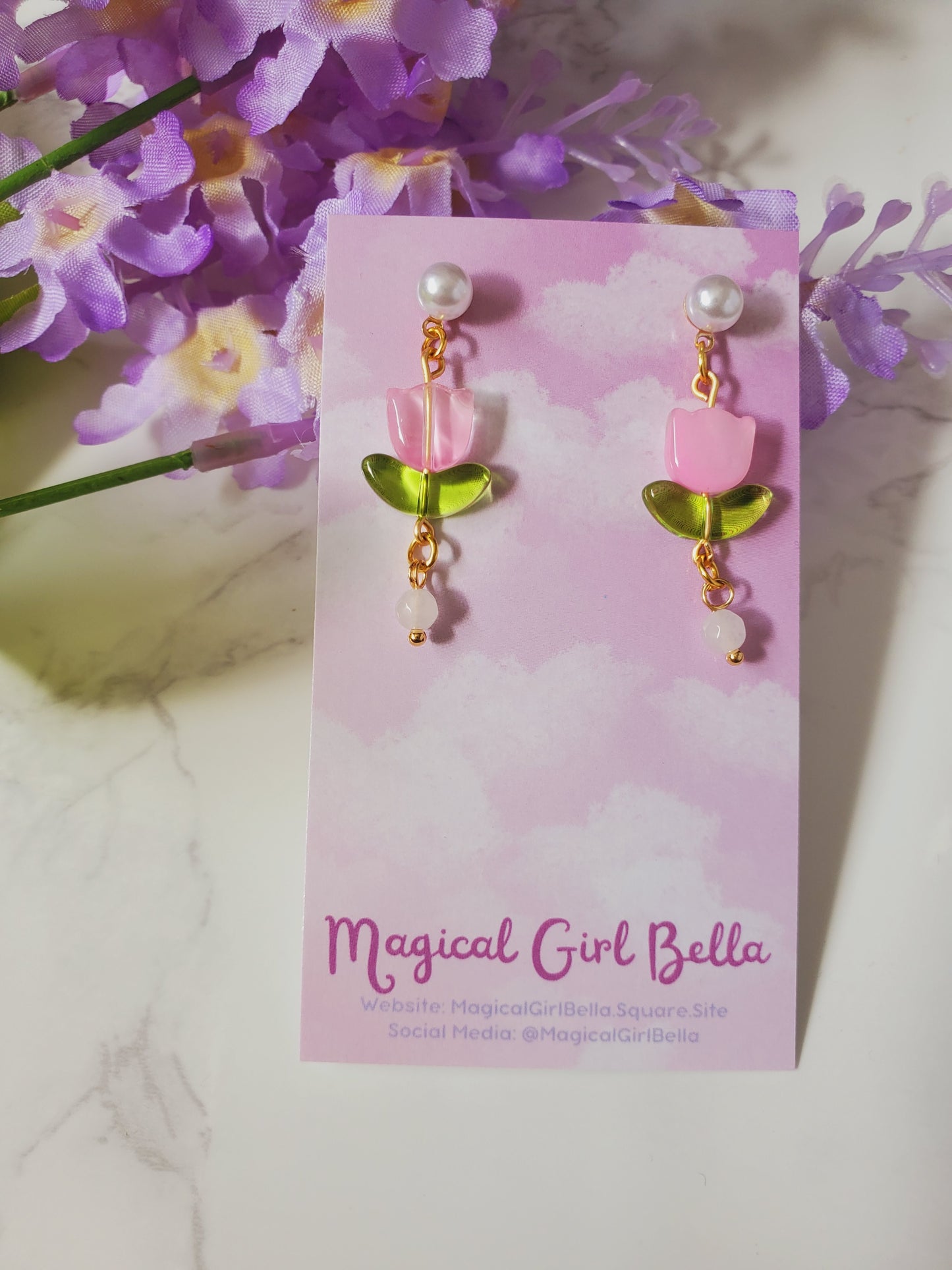 Pink Tulip Earrings- Pearl Studs with Crystals