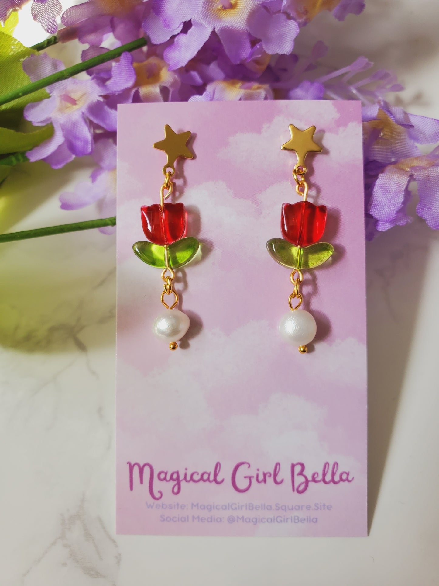 Red Tulip Earrings- Star Studs with Pearls