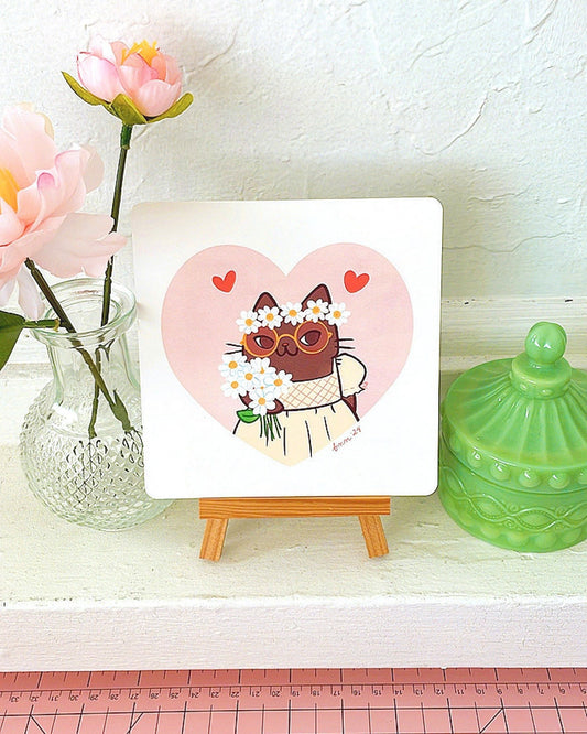 Boho Cat with Bouquet Mini Art Print