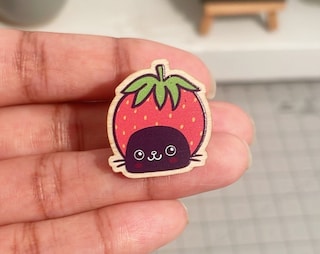 Strawberry Cat Wooden Pin