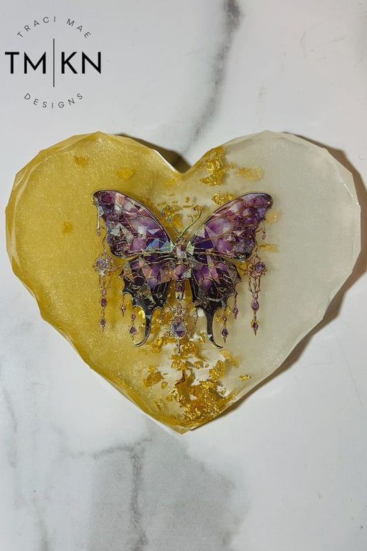 Gold Heart Coaster with Purple Butterrfly