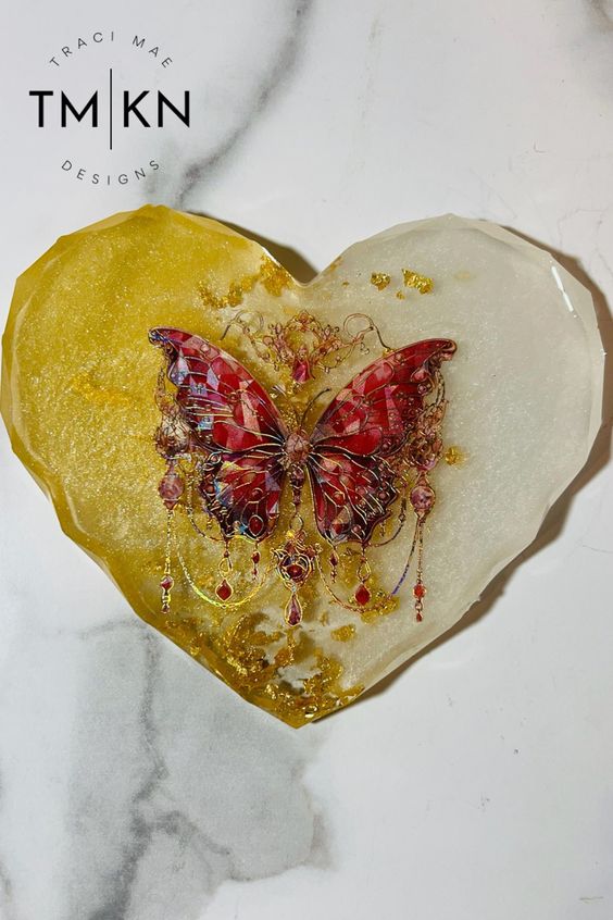 Gold Heart Coaster with Red Butterrfly