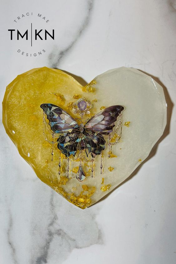 Gold Heart Coaster with BluePurp Butterfly