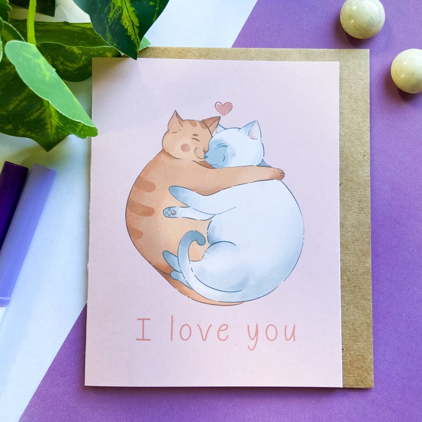 Hugging Cats Blank Greeting Card With Vinyl Sticker